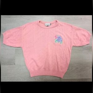 Vintage Pink Embroidered Shirt Sleeve Grandma Floral Sweater Size Medium Petite